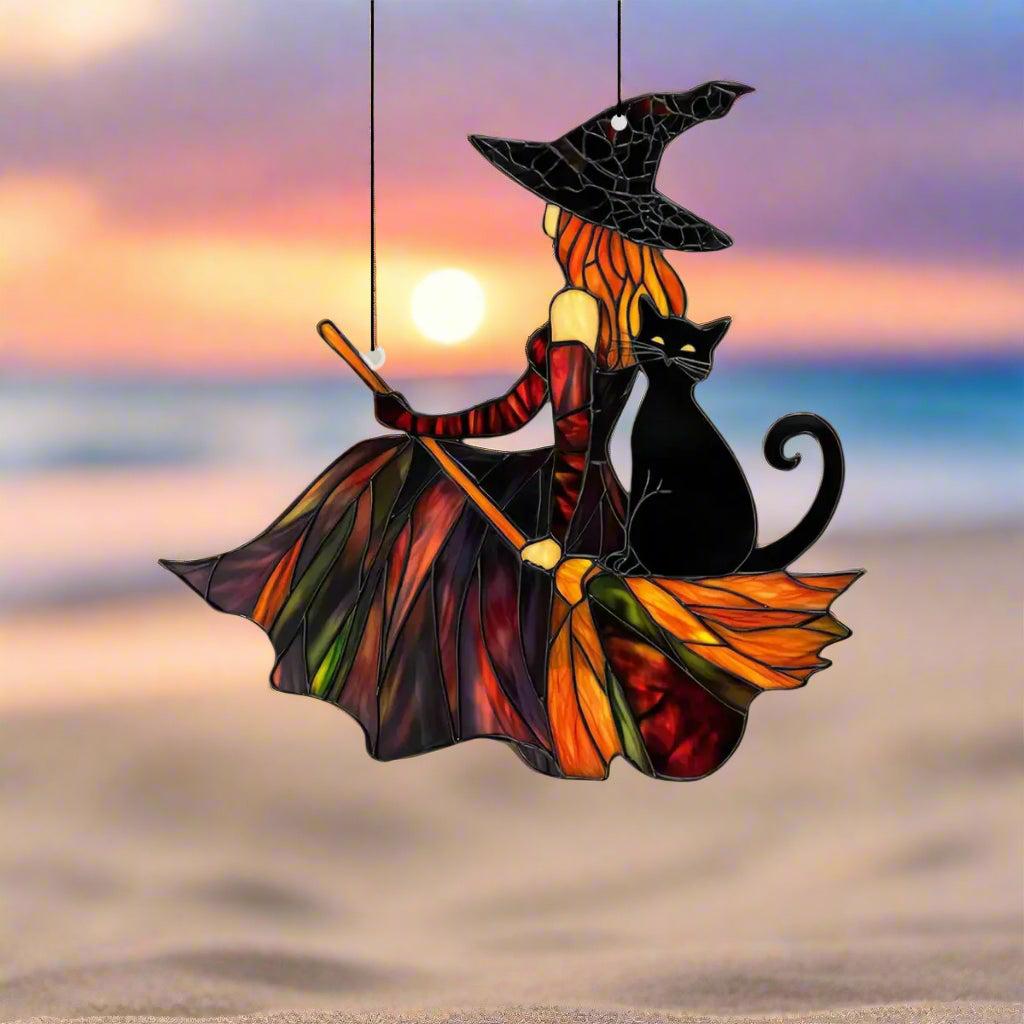 Gothic Witch and Black Cat Acrylic Suncatcher Halloween Window Decoration Wind Chime - Broom Witch Hanging Ornament-MoonChildWorld