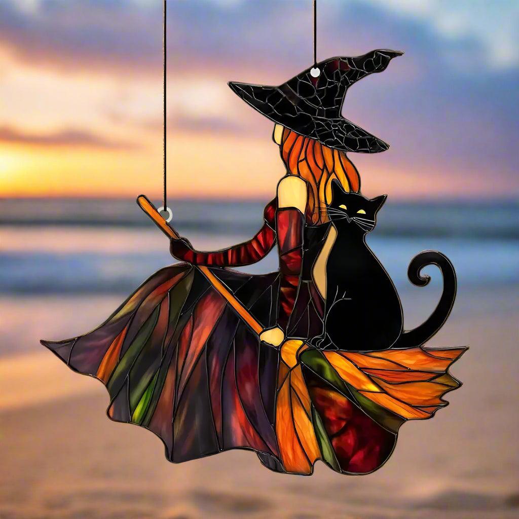 Gothic Witch and Black Cat Acrylic Suncatcher Halloween Window Decoration Wind Chime - Broom Witch Hanging Ornament-MoonChildWorld