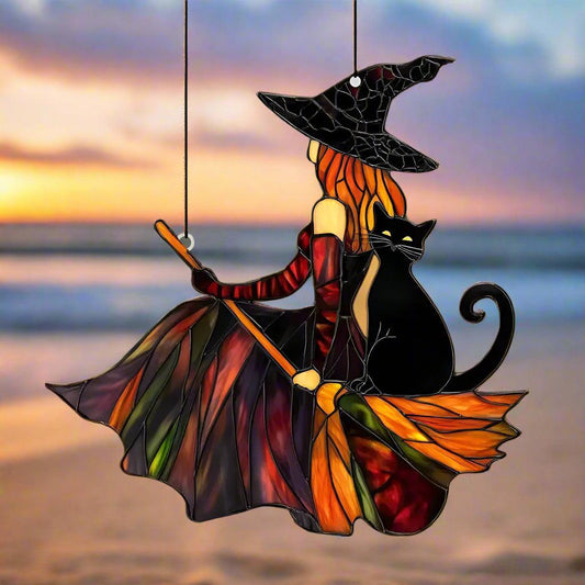 Gothic Witch and Black Cat Acrylic Suncatcher Halloween Window Decoration Wind Chime - Broom Witch Hanging Ornament-MoonChildWorld
