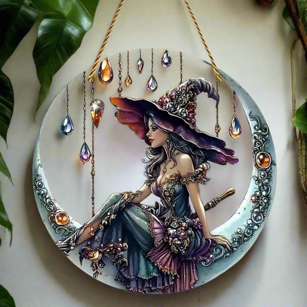 Gothic Witch on the Moon Acrylic Suncatcher Halloween Window Decoration Hanging Ornament-MoonChildWorld