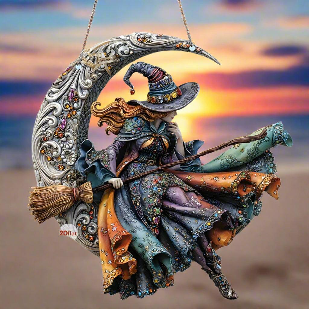 Gothic Witch on the Moon Acrylic Suncatcher Halloween Window Decoration Hanging Ornament-MoonChildWorld