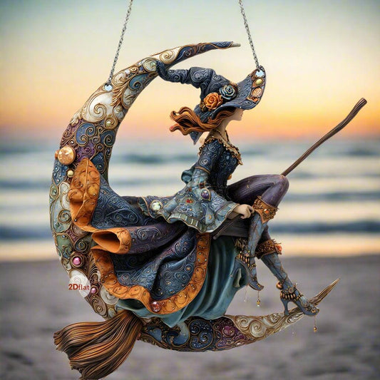 Gothic Witch on the Moon Acrylic Suncatcher Halloween Window Decoration Hanging Ornament-MoonChildWorld
