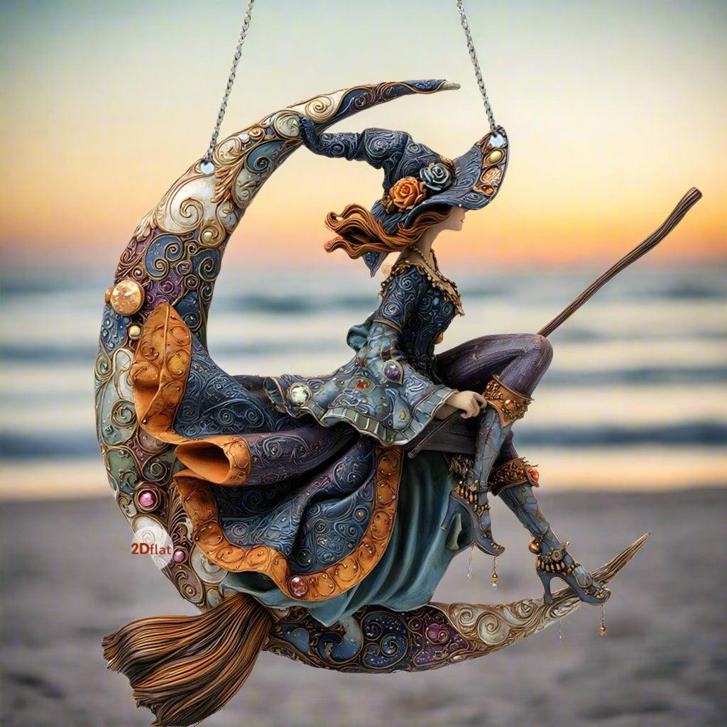 Gothic Witch on the Moon Acrylic Suncatcher Halloween Window Decoration Hanging Ornament-MoonChildWorld