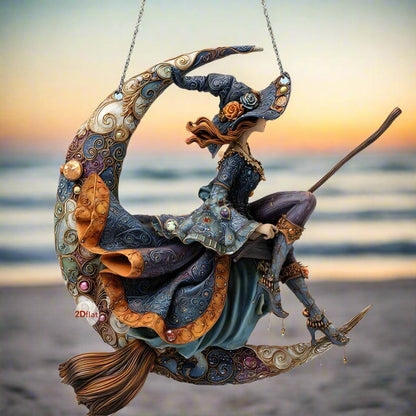 Gothic Witch on the Moon Acrylic Suncatcher Halloween Window Decoration Hanging Ornament-MoonChildWorld