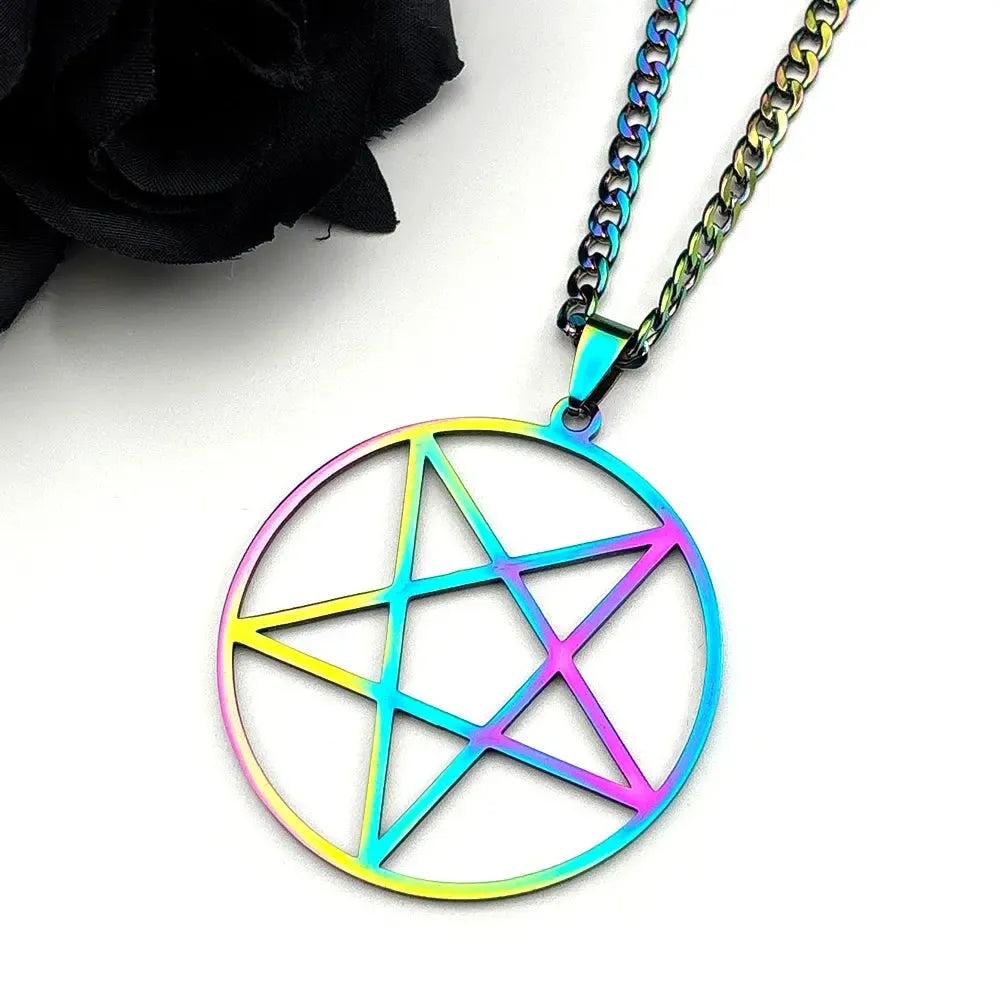 Gothic Witchcraft Inverted Pentagram Rainbow Color Necklace Witch Jewe