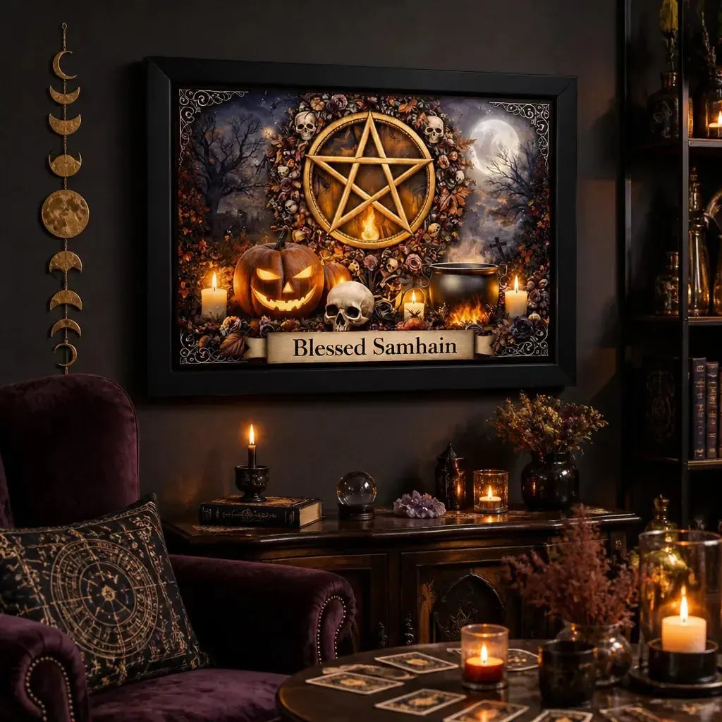 Gothic Witchcraft Pentacle Halloween Home Decor - Wicca Samhain Black Framed Canvas Wall Art_mockup_1.webp