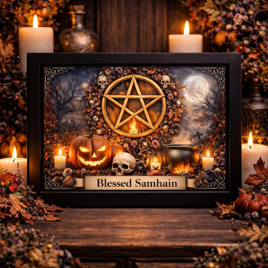Gothic Witchcraft Pentacle Halloween Home Decor - Wicca Samhain Black Framed Canvas Wall Art-MoonChildWorld