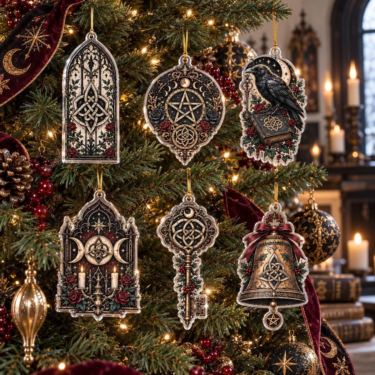 Gothic Witchcraft Sigil Acrylic Ornament Set – Witchy Yule Decor – set of 6, another view