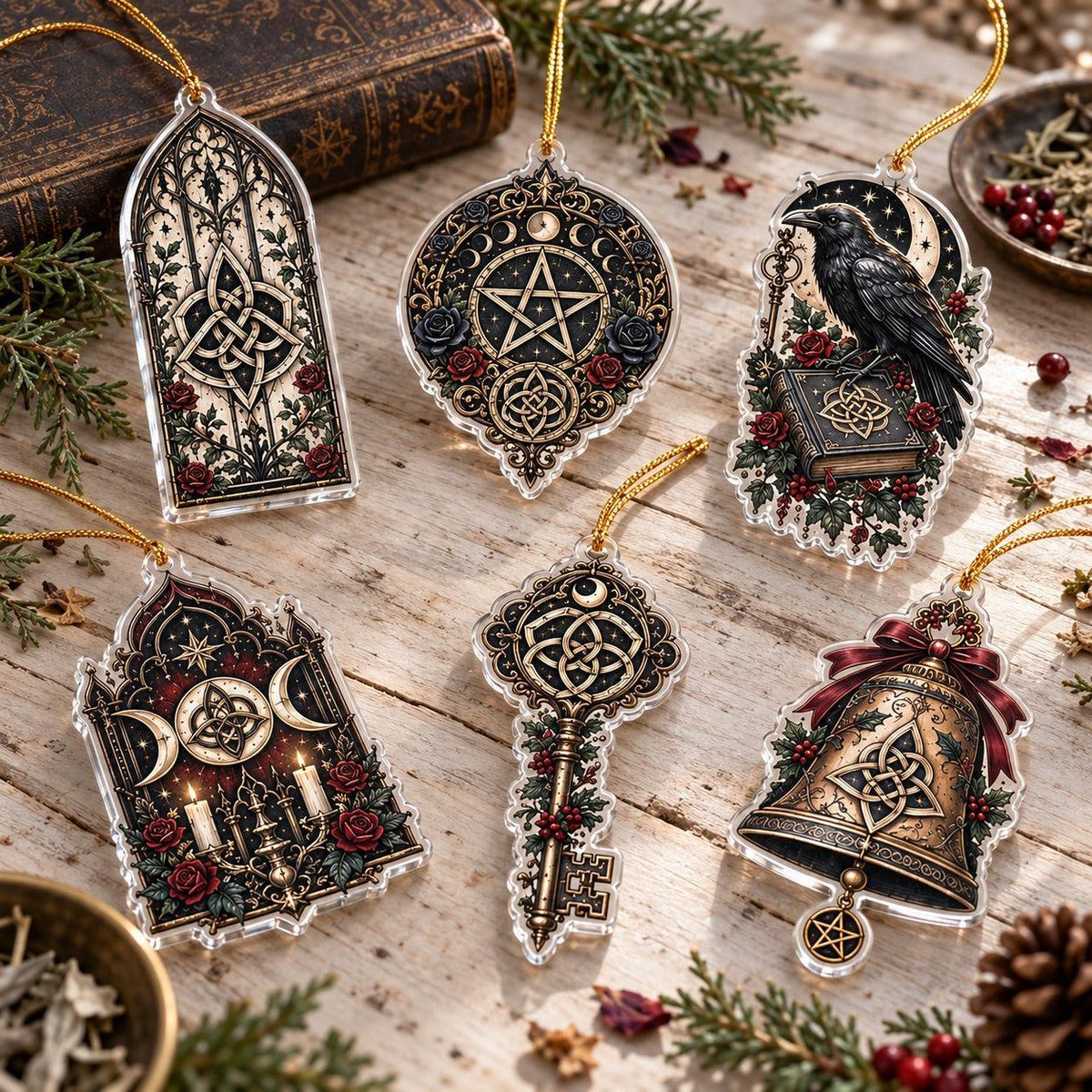 Gothic Witchcraft Sigil Acrylic Ornament Set – Witchy Yule Decor – set of 6 acrylic ornaments