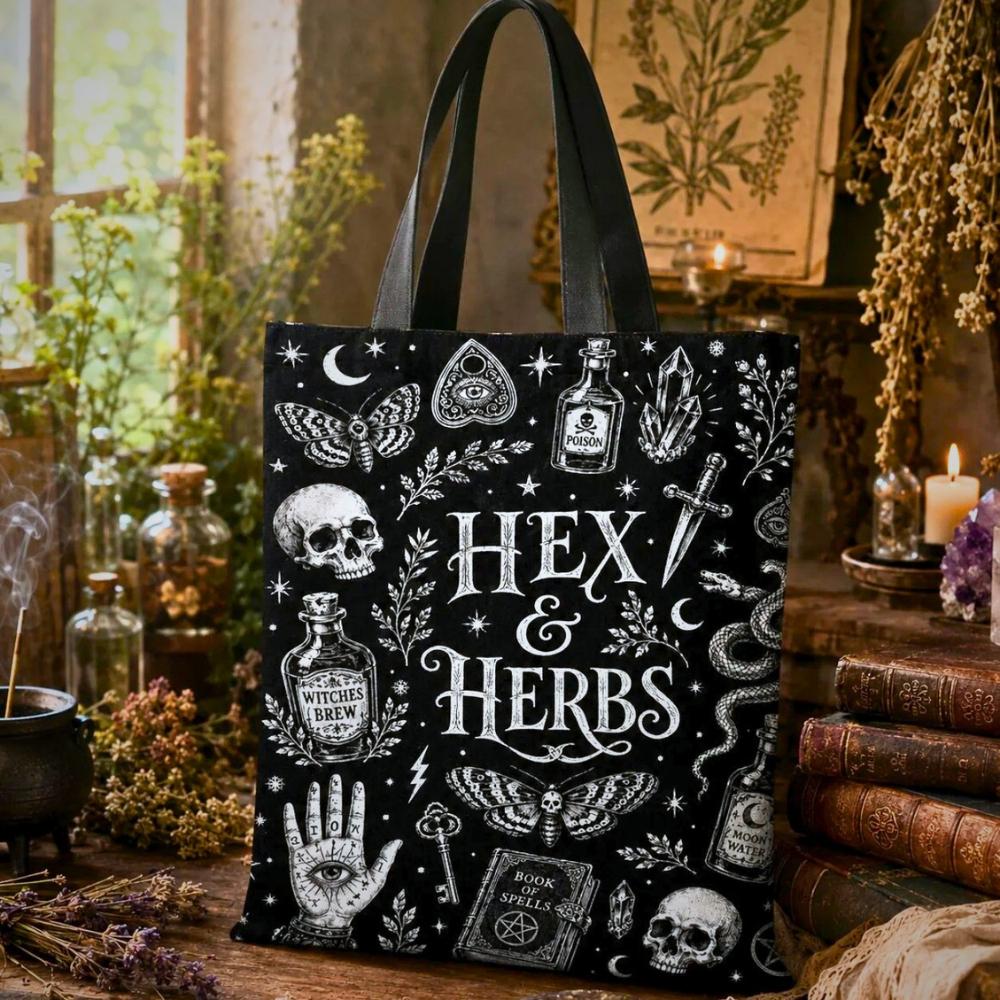 Hex & Herbs black tote bag with moth, skull, hand-eye, snake, and Book of Spells illustrations