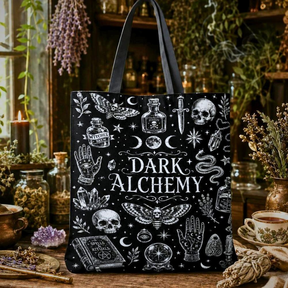 Dark Alchemy black tote bag with moth, skull, snake, moon phases, and Spells Rituals book illustrations