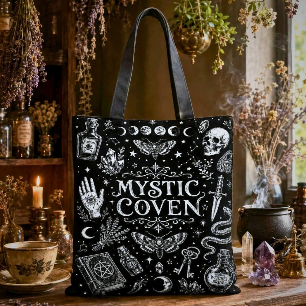 Mystic Coven black tote bag with moon phases, skull, moth, hand-eye symbol, and Witches Brew bottle illustrations