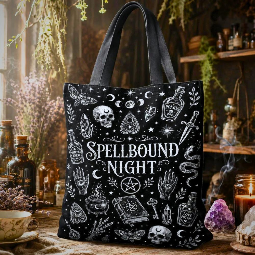 Spellbound Night black tote bag with moth, moon phases, skull, pentacle, and hand illustrations