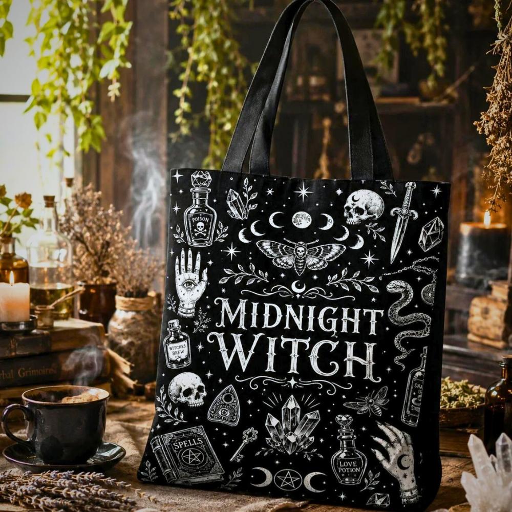 Midnight Witch black tote bag with skull, moon phases, moth, hand-eye, and Spells book illustrations