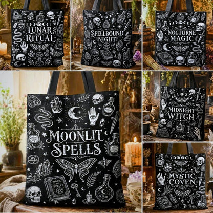 Six black tote bags with white occult-themed illustrations and text are shown in a collage. Designs include Lunar Ritual, Spellbound Night, Nocturne Magic, Midnight Witch, Moonlit Spells, and Mystic Coven.