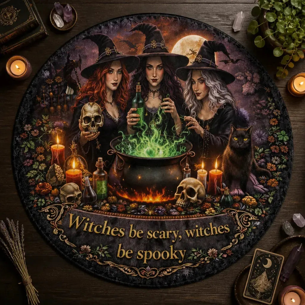 Gothic Witches Round Rug Halloween Carpet Spooky Home Decor_mockup_2.webp