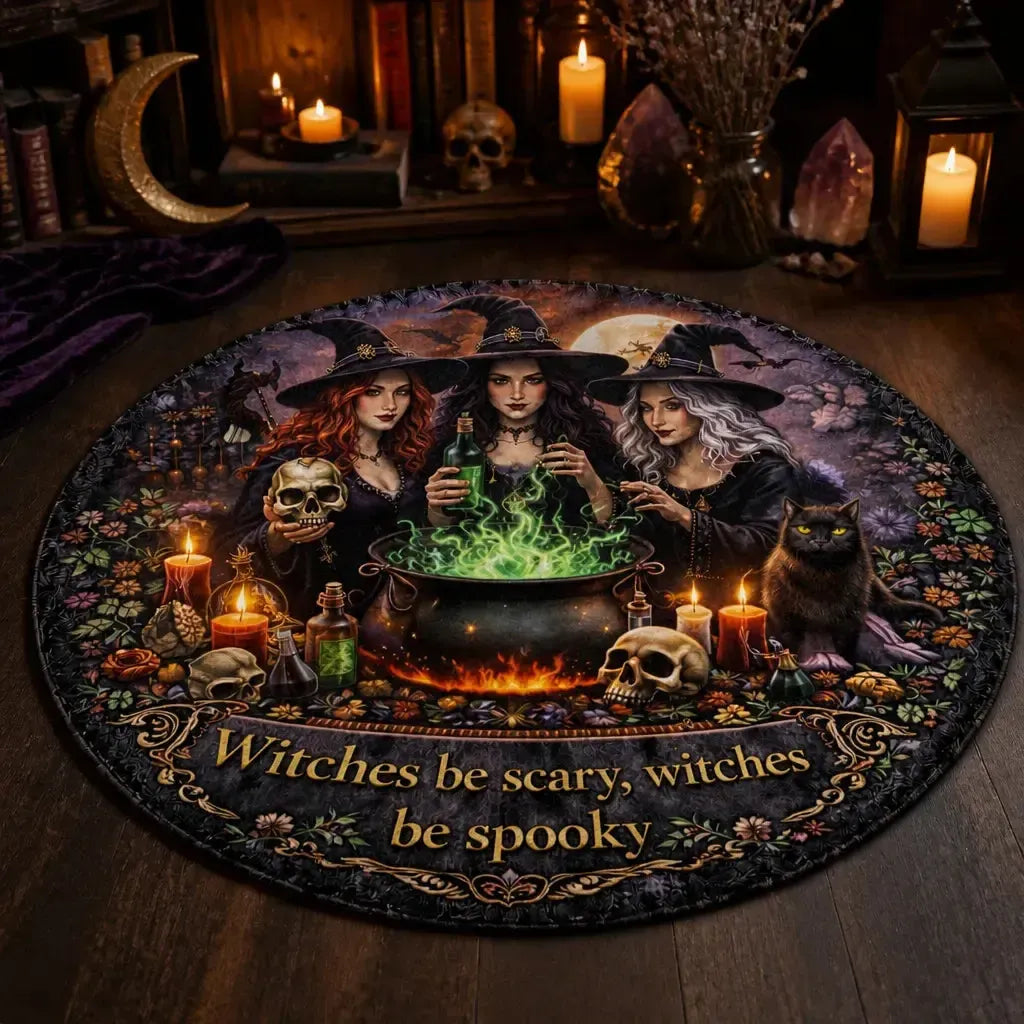 Gothic Witches Round Rug Halloween Carpet Spooky Home Decor_mockup_3.webp
