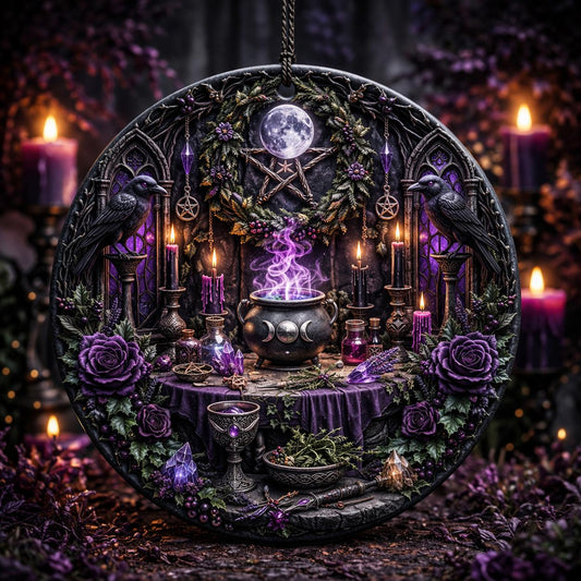 Gothic Witchy Yule Ceramic Ornament with Pentagram, Crows – Dark Christmas Tree Ornament-MoonChildWorld