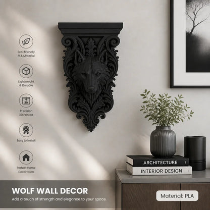 Wolf corbel shelf holding a candle in a dark academia study