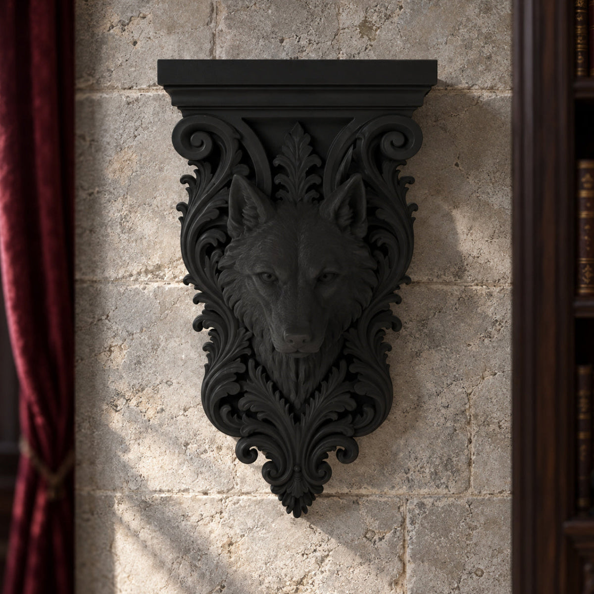 Gothic Wolf Head Wall Bracket Shelf Baroque Corbel, carved black details on a gothic witchy room wall, view 3