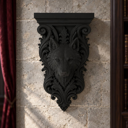 Gothic Wolf Head Wall Bracket Shelf Baroque Corbel, carved black details on a gothic witchy room wall, view 3