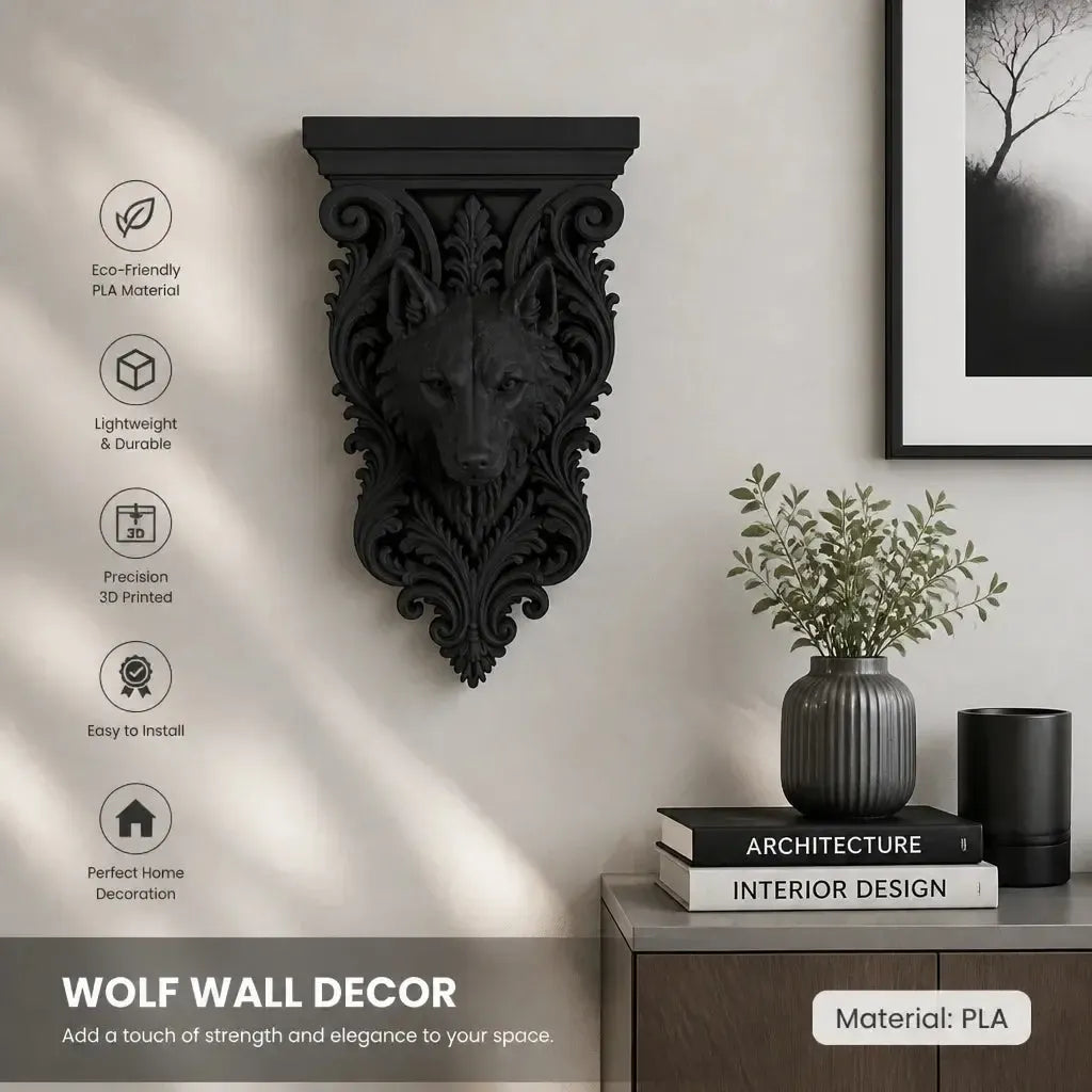 Wolf corbel shelf holding a candle in a dark academia study