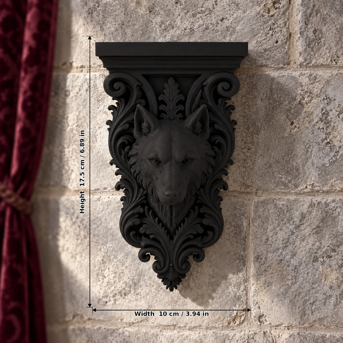 Gothic Wolf Head Wall Bracket Shelf Baroque Corbel, carved black details on a gothic witchy room wall, view 5