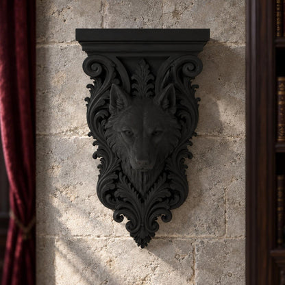 Gothic Wolf Head Wall Bracket Shelf Baroque Corbel, carved black details on a gothic witchy room wall, view 3
