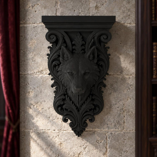 Gothic Wolf Head Wall Bracket Shelf Baroque Corbel, carved black details on a gothic witchy room wall, view 3