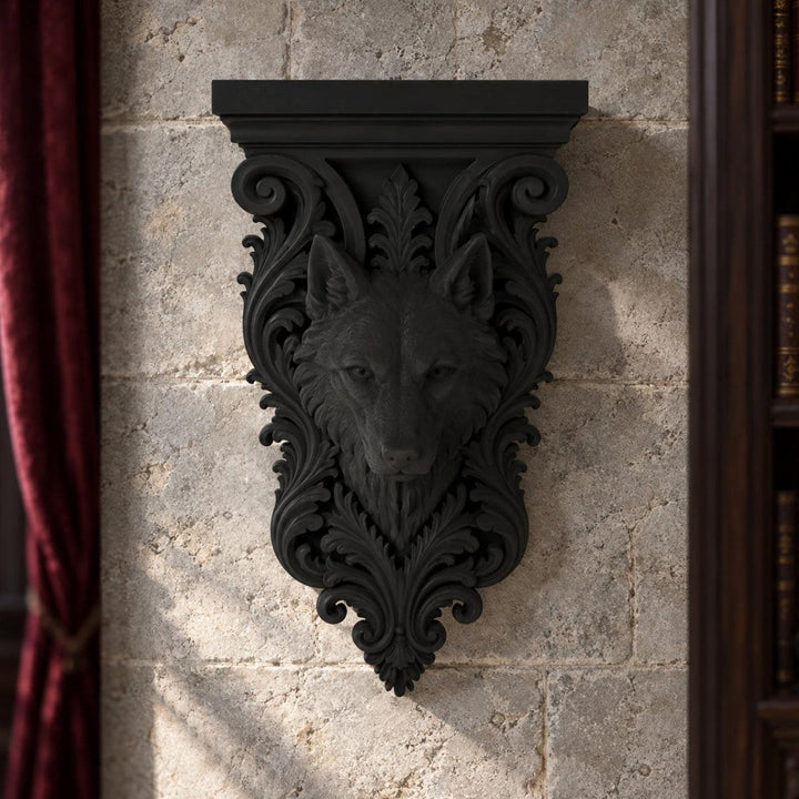 Gothic Wolf Head Wall Bracket Shelf Baroque Corbel, carved black details on a gothic witchy room wall, view 3