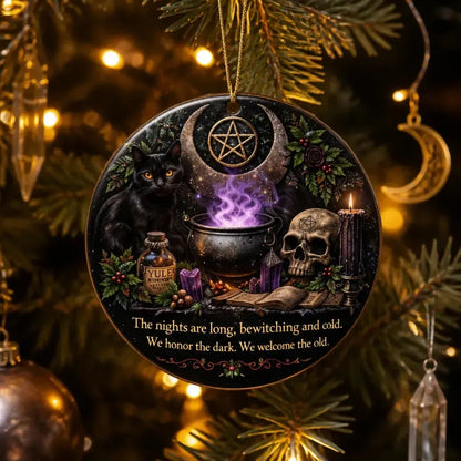 Gothic Yule Ceramic Ornament with Black Cat & Skull – Dark Christmas Tree Decoration_mockup_1.webp