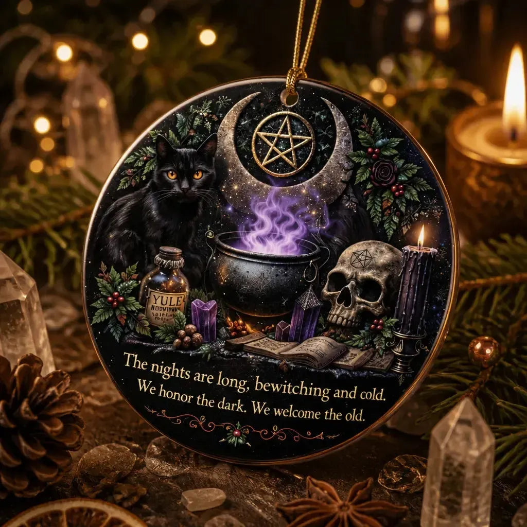 Gothic Yule Ceramic Ornament with Black Cat & Skull – Dark Christmas Tree Decoration_mockup_2.webp