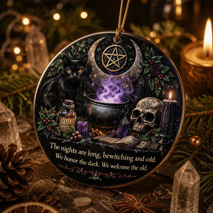 Gothic Yule Ceramic Ornament with Black Cat & Skull – Dark Christmas Tree Decoration_mockup_2.webp