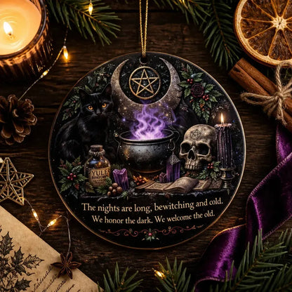 Gothic Yule Ceramic Ornament with Black Cat & Skull – Dark Christmas Tree Decoration_mockup_3.webp