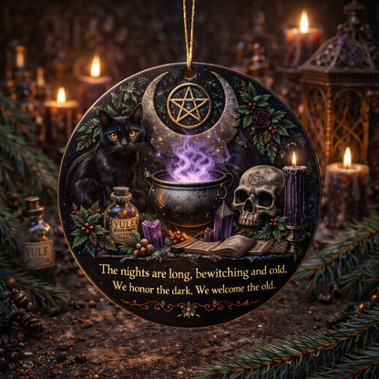 Gothic Yule ceramic ornament with black cat, skull, cauldron, and crescent moon pentacle.