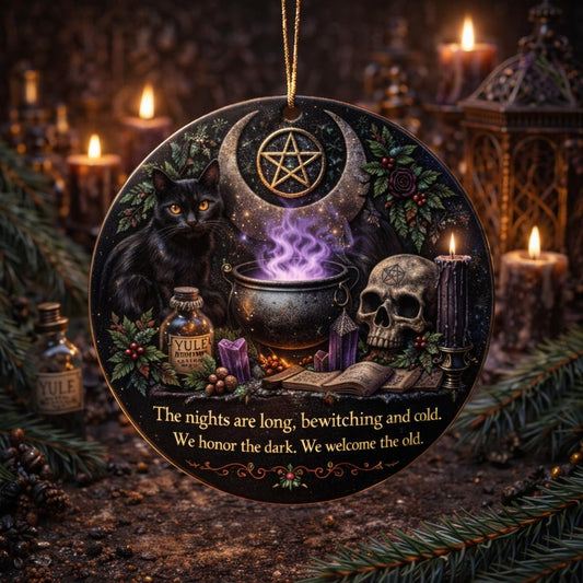 Gothic Yule Ceramic Ornament with Black Cat & Skull – Dark Christmas Tree Decoration-MoonChildWorld