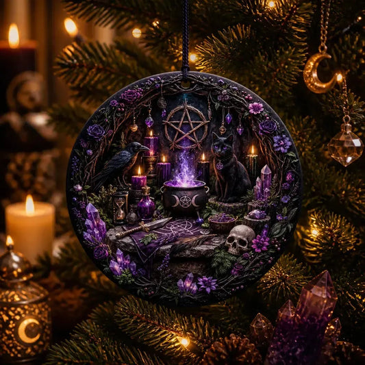 Gothic Yule Ceramic Ornament with Pentacle, Raven, Black Cat – Dark Christmas Tree Decoration_mockup_1.webp