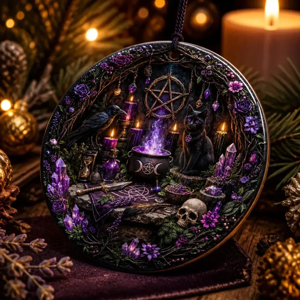 Gothic Yule Ceramic Ornament with Pentacle, Raven, Black Cat – Dark Christmas Tree Decoration_mockup_2.webp