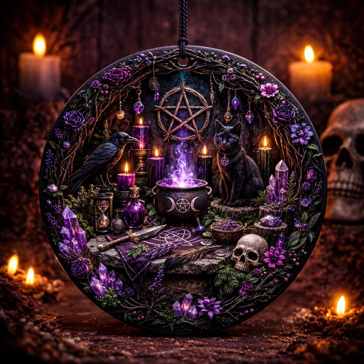 Gothic Yule ceramic ornament with pentacle, raven, black cat, purple crystals, and candles.