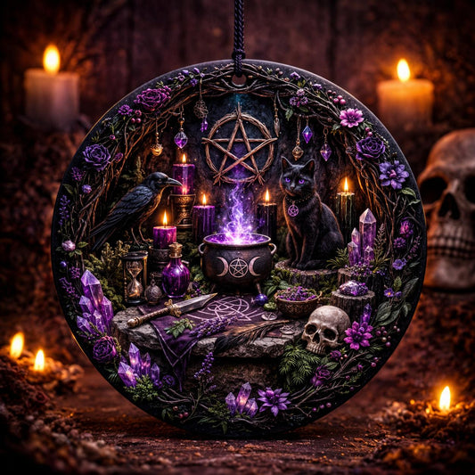 Gothic Yule Ceramic Ornament with Pentacle, Raven, Black Cat – Dark Christmas Tree Decoration-MoonChildWorld