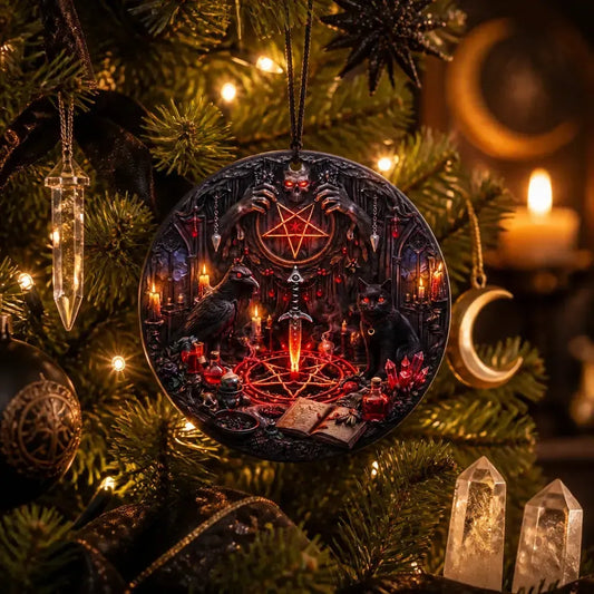 Gothic Yule Ceramic Ornament with Pentagram, Skull, Raven, Cat – Dark Christmas Tree Decoration_mockup_1.webp