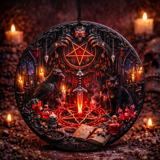 Gothic Yule Ceramic Ornament with Pentagram, Skull, Raven, Cat – Dark Christmas Tree Decoration-MoonChildWorld