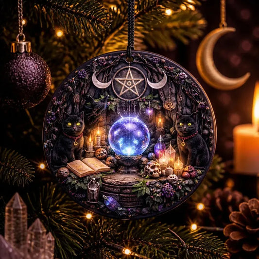 Gothic Yule Ceramic Ornament with Witchy Black Cat, Pentacle, Moon – Dark Holiday Ornament_mockup_1.webp