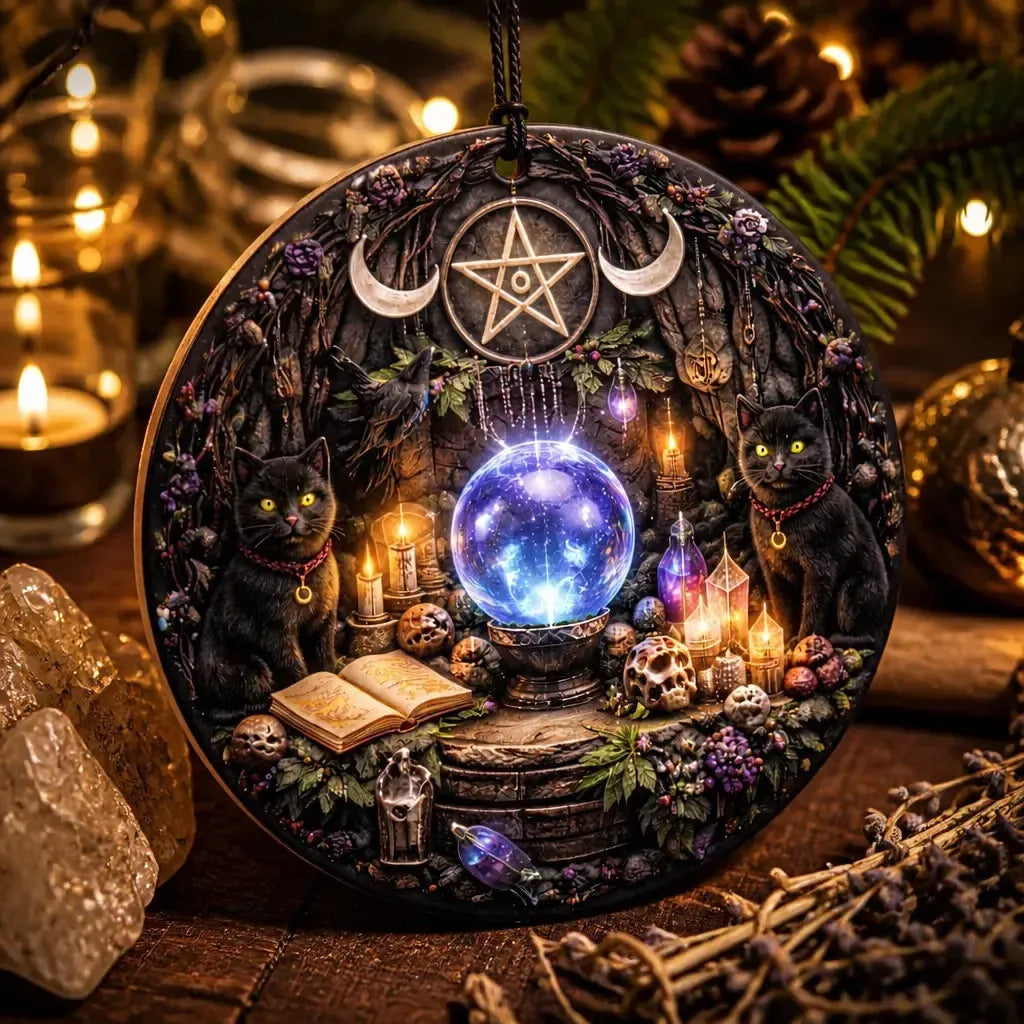 Gothic Yule Ceramic Ornament with Witchy Black Cat, Pentacle, Moon – Dark Holiday Ornament_mockup_2.webp