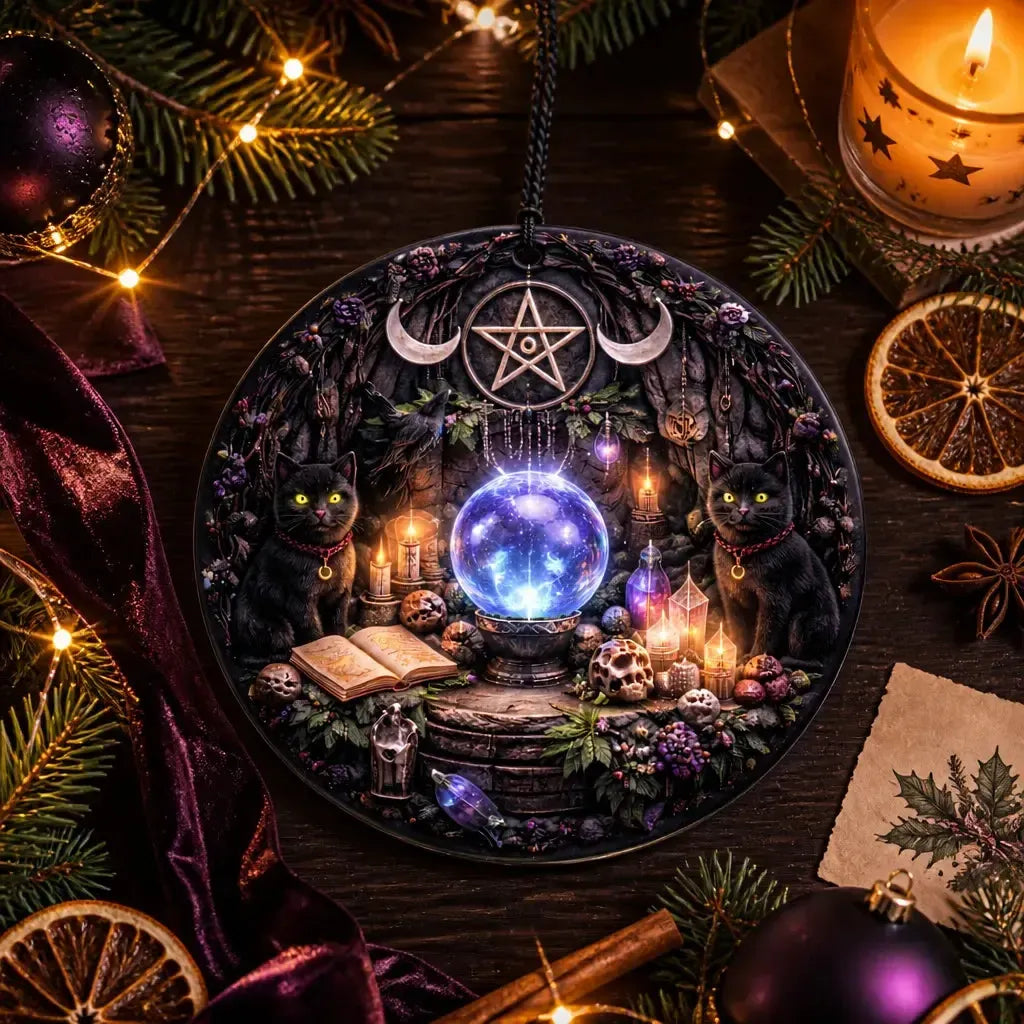 Gothic Yule Ceramic Ornament with Witchy Black Cat, Pentacle, Moon – Dark Holiday Ornament_mockup_3.webp