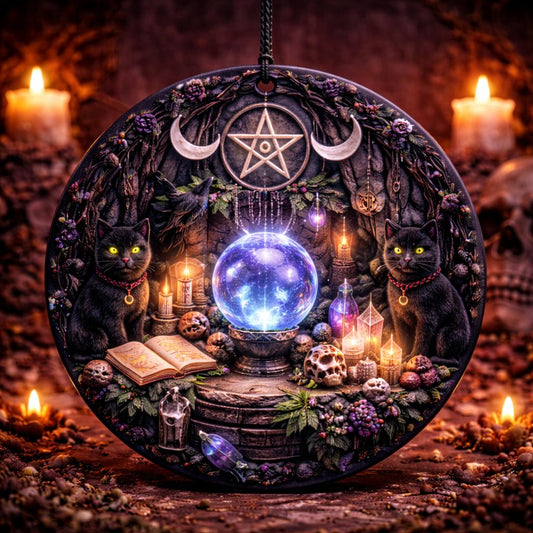 Gothic Yule Ceramic Ornament with Witchy Black Cat, Pentacle, Moon – Dark Holiday Ornament-MoonChildWorld