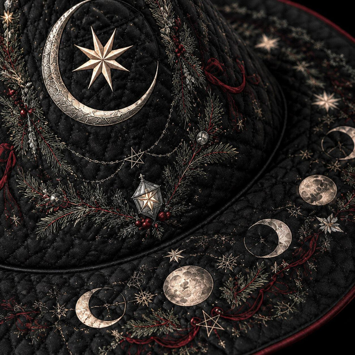 Gothic Yule Moon Phase Witch Hat – Winter Solstice Pagan Wide Brim Hat – quilting and print detail