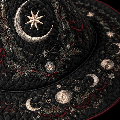 Gothic Yule Moon Phase Witch Hat – Winter Solstice Pagan Wide Brim Hat – quilting and print detail