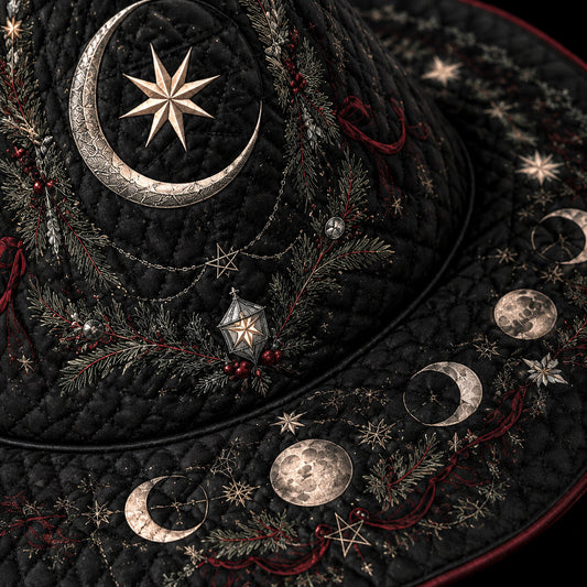 Gothic Yule Moon Phase Witch Hat – Winter Solstice Pagan Wide Brim Hat – quilting and print detail
