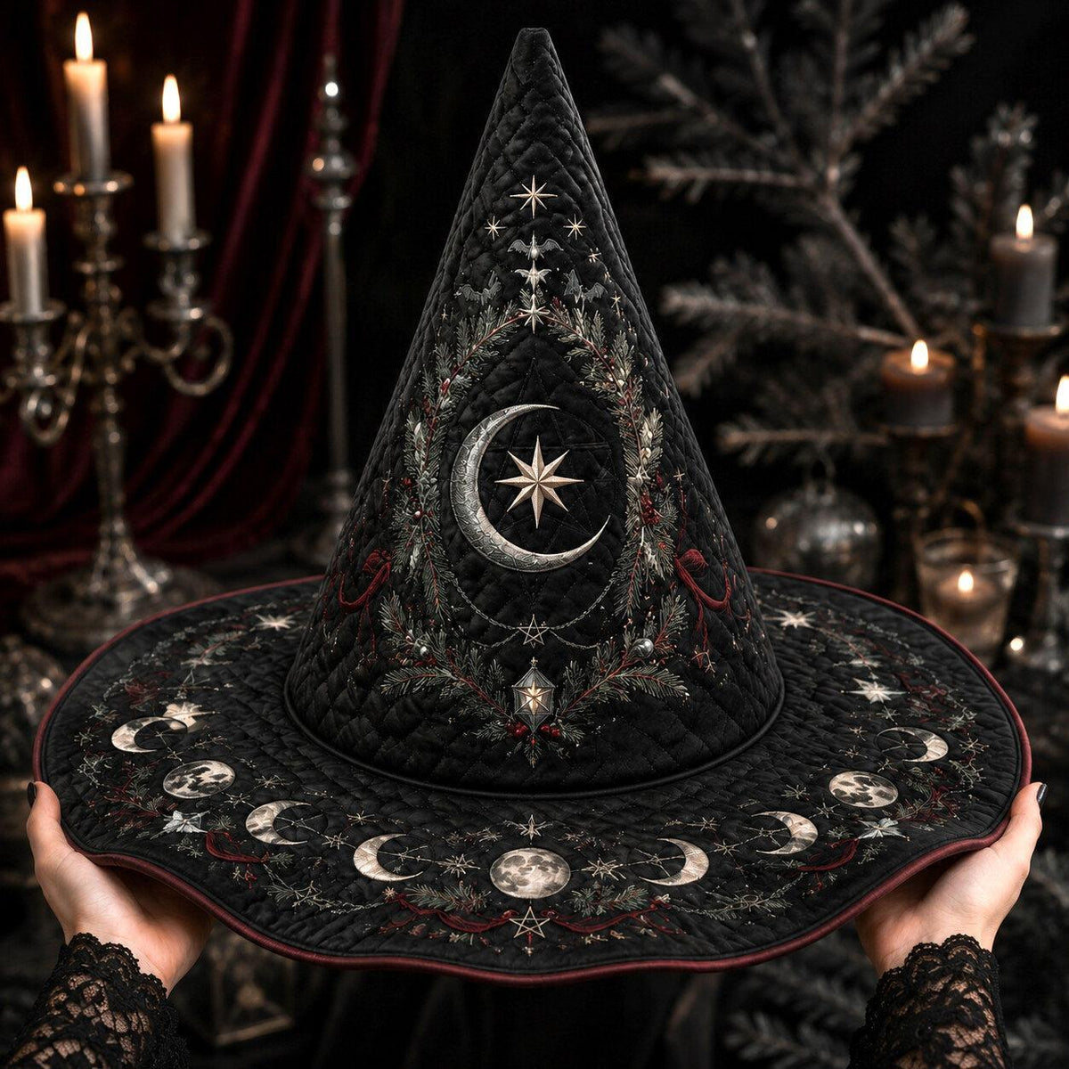 Gothic Yule Moon Phase Witch Hat – Winter Solstice Pagan Wide Brim Hat – held in both hands